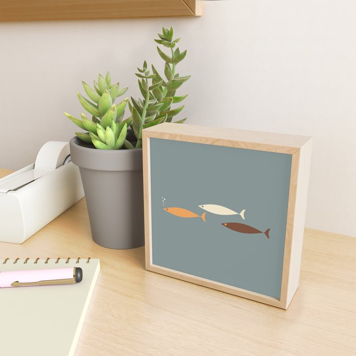 Fish Trio - Minimalist Mid-Century Slate Blue Orange Brown Cream Mini Art Print Gallery Image 2