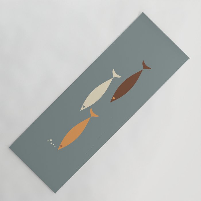Fish Trio - Minimalist Mid-Century Slate Blue Orange Brown Cream Yoga Mat Gallery Image 1