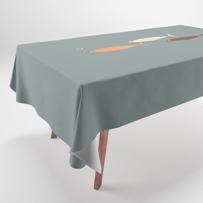 Fish Trio - Minimalist Mid-Century Slate Blue Orange Brown Cream Tablecloth Gallery Image 1