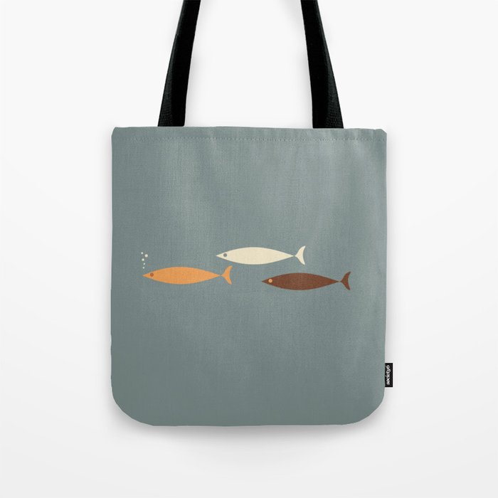 Fish Trio - Minimalist Mid-Century Slate Blue Orange Brown Cream Tote Bag Gallery Image 1
