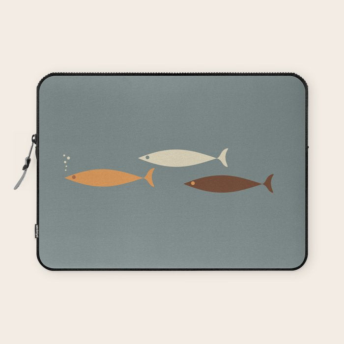Fish Trio - Minimalist Mid-Century Slate Blue Orange Brown Cream Laptop Sleeve Gallery Image 1