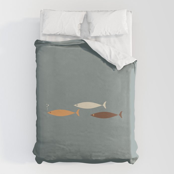 Fish Trio - Minimalist Mid-Century Slate Blue Orange Brown Cream Duvet Cover Gallery Image 1