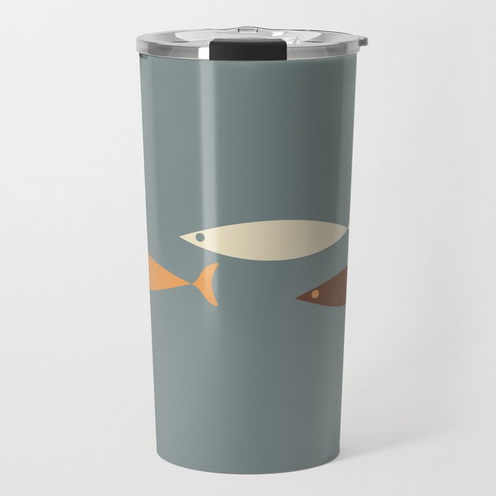 Fish Trio - Minimalist Mid-Century Slate Blue Orange Brown Cream Travel Mug Gallery Image 1