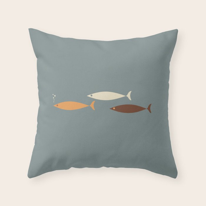 Fish Trio - Minimalist Mid-Century Slate Blue Orange Brown Cream Throw Pillow Gallery Image 1
