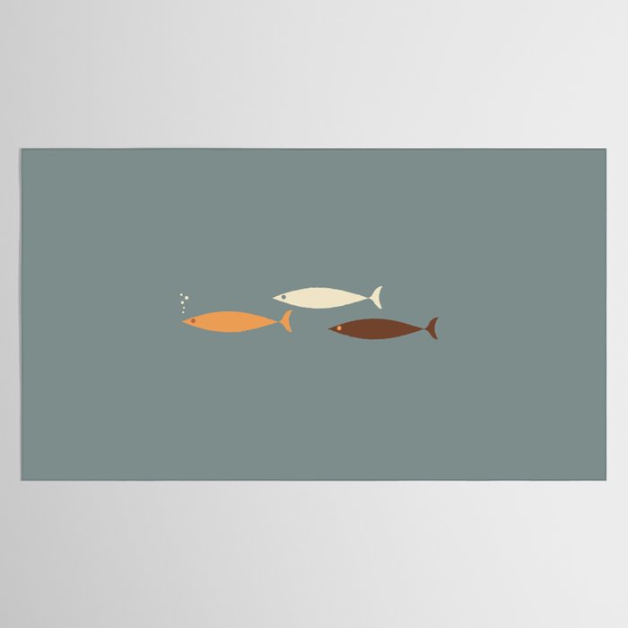 Fish Trio - Minimalist Mid-Century Slate Blue Orange Brown Cream Tablecloth Gallery Image 2
