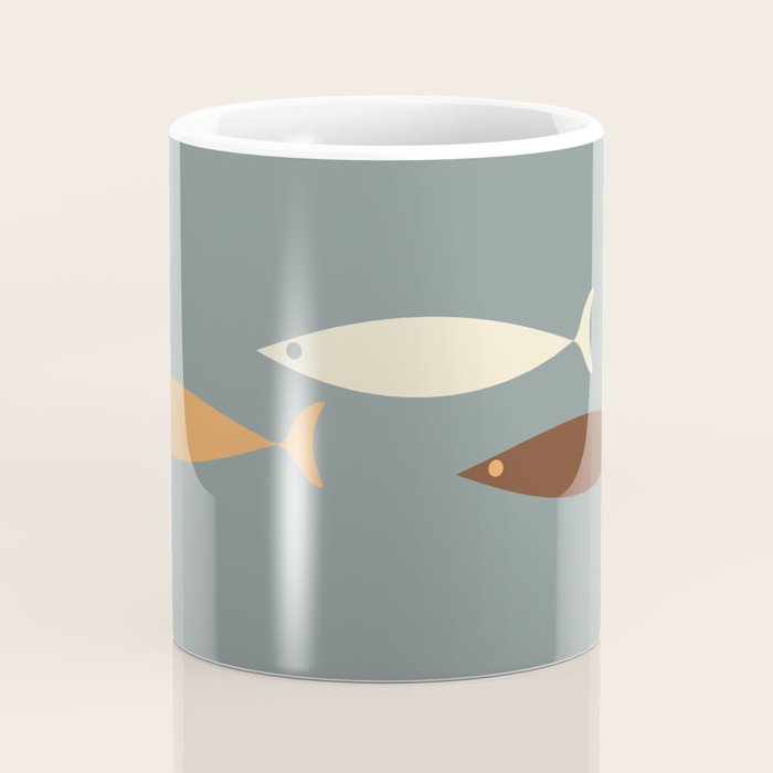 Fish Trio - Minimalist Mid-Century Slate Blue Orange Brown Cream Coffee Mug Gallery Image 4
