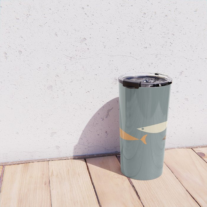 Fish Trio - Minimalist Mid-Century Slate Blue Orange Brown Cream Travel Mug Gallery Image 4