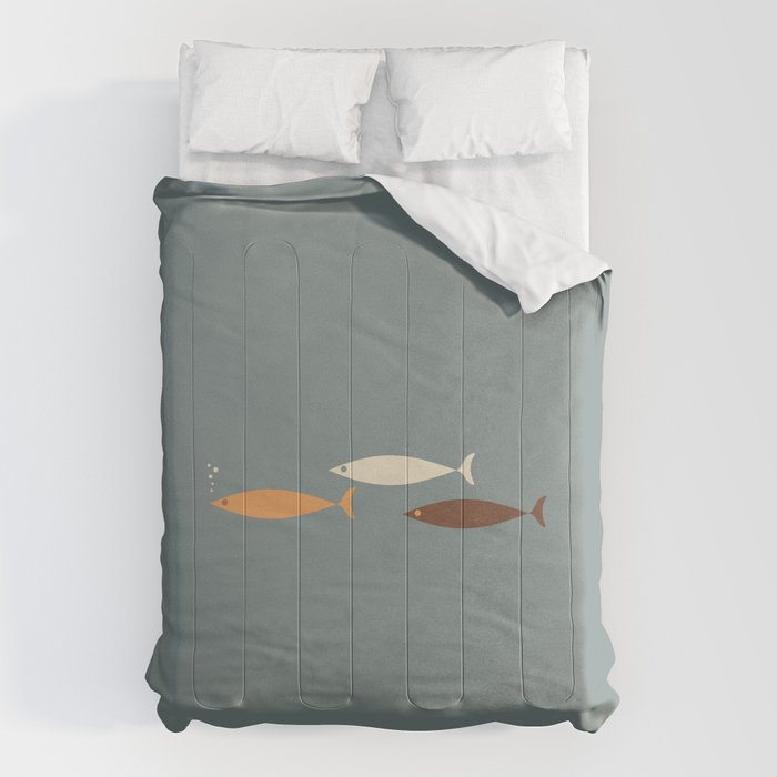 Fish Trio - Minimalist Mid-Century Slate Blue Orange Brown Cream Comforter Gallery Image 6