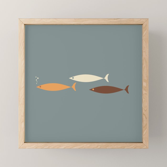 Fish Trio - Minimalist Mid-Century Slate Blue Orange Brown Cream Mini Art Print Gallery Image 1