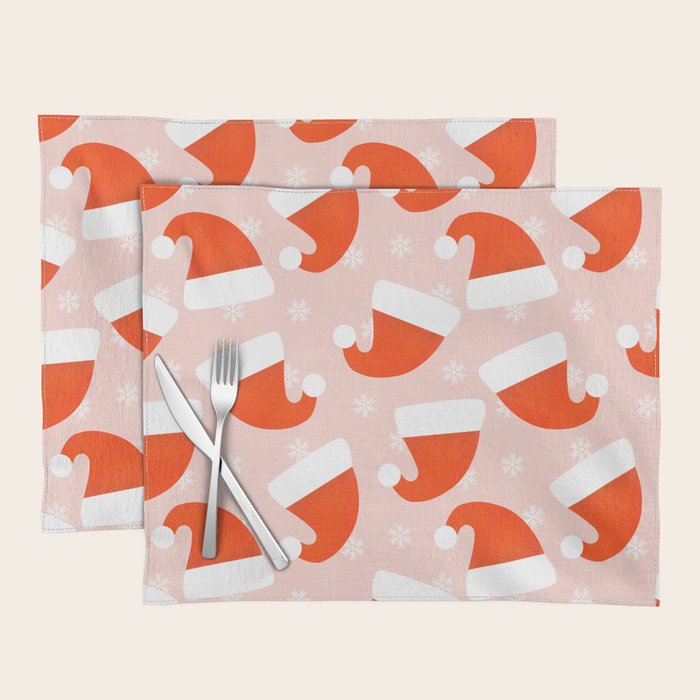 Red Santa Hats & Snowflakes on Linen Pink - Modern Festive Pattern Placemat Gallery Image 1