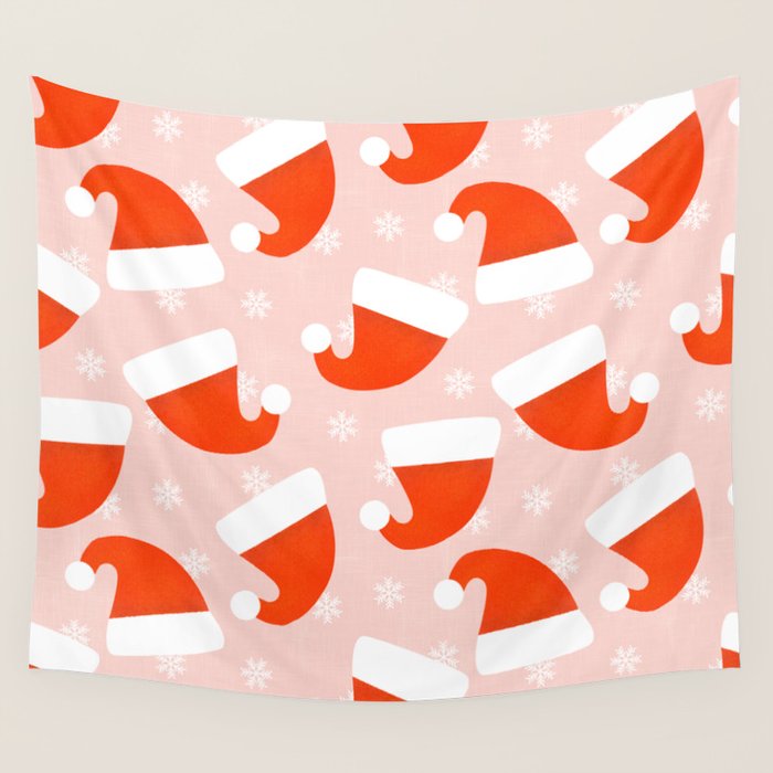 Red Santa Hats & Snowflakes on Linen Pink - Modern Festive Pattern Wall Tapestry Gallery Image 1