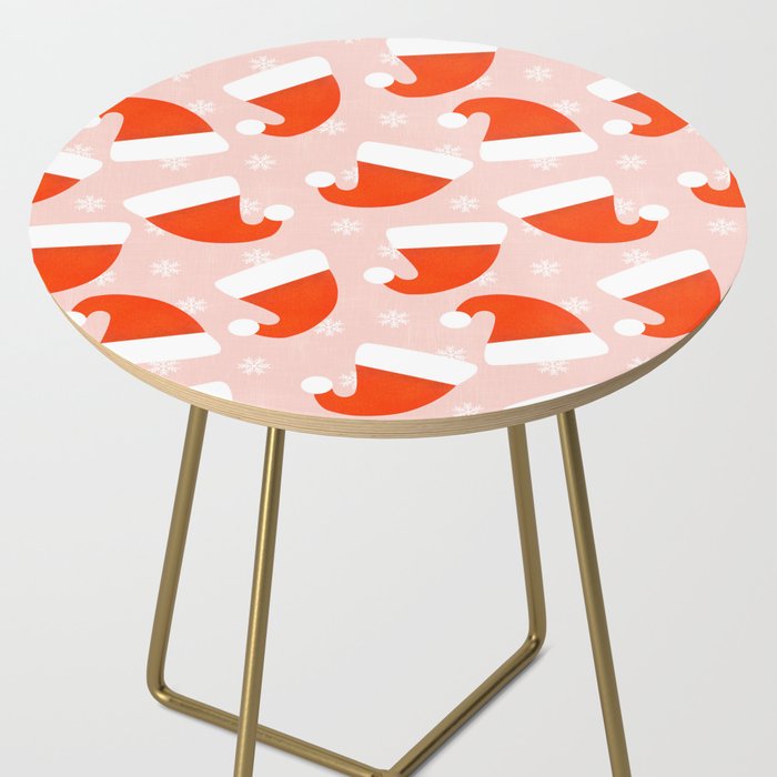 Red Santa Hats & Snowflakes on Linen Pink - Modern Festive Pattern Side Table Gallery Image 2