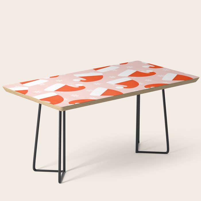 Red Santa Hats & Snowflakes on Linen Pink - Modern Festive Pattern Coffee Table Gallery Image 1
