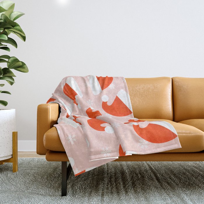 Red Santa Hats & Snowflakes on Linen Pink - Modern Festive Pattern Throw Blanket Gallery Image 1