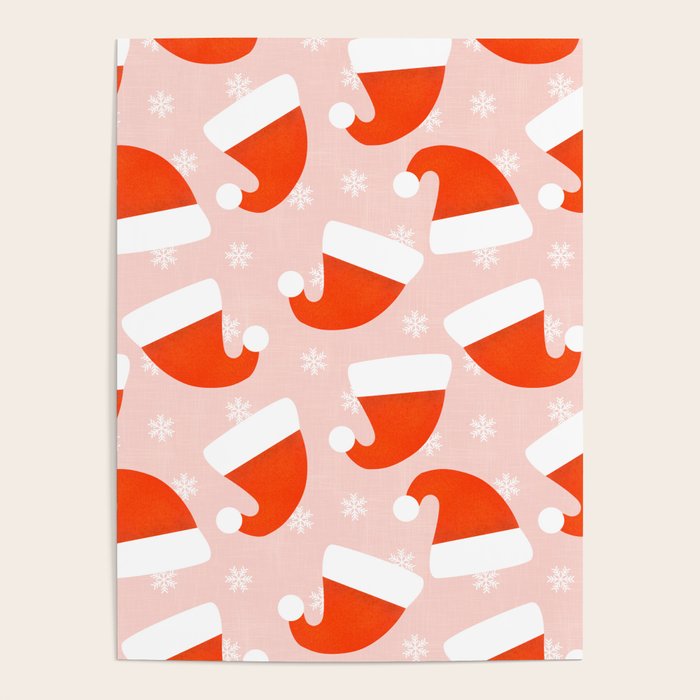 Red Santa Hats & Snowflakes on Linen Pink - Modern Festive Pattern Poster Gallery Image 4