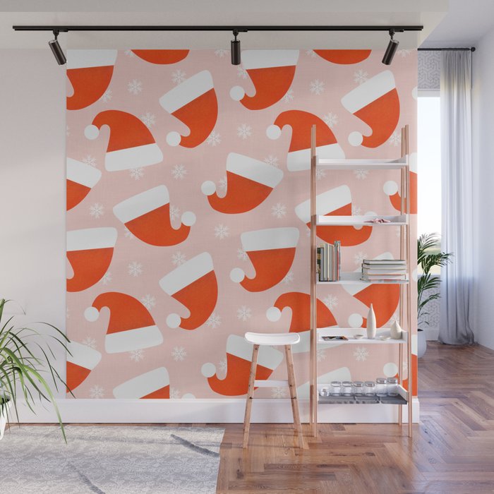 Red Santa Hats & Snowflakes on Linen Pink - Modern Festive Pattern Wall Mural Gallery Image 1