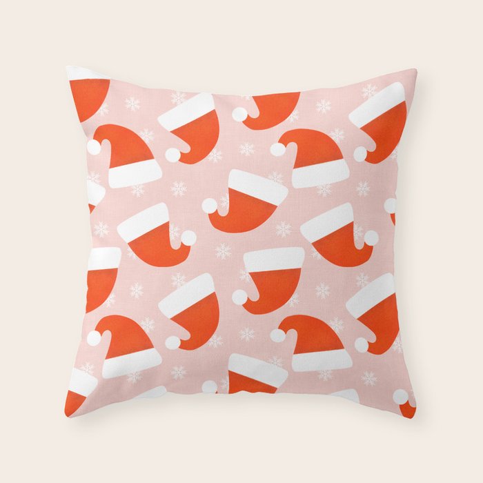 Red Santa Hats & Snowflakes on Linen Pink - Modern Festive Pattern Throw Pillow Gallery Image 6