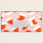 Red Santa Hats & Snowflakes on Linen Pink - Modern Festive Pattern Desk Mat Gallery Image 1
