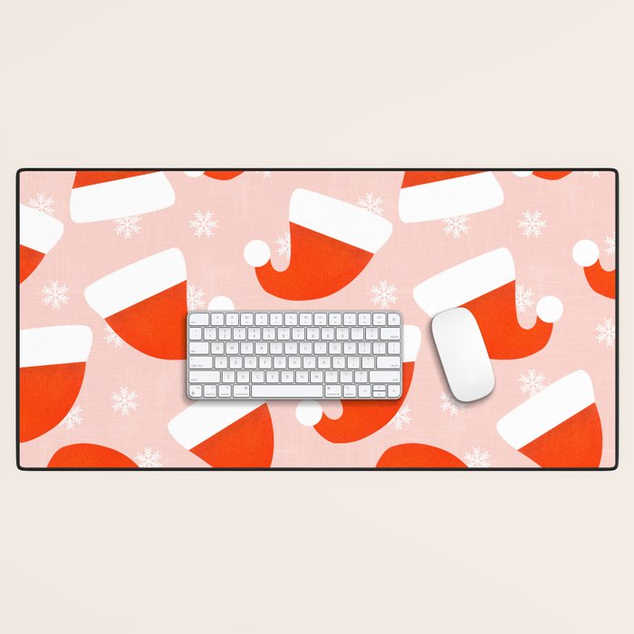 Red Santa Hats & Snowflakes on Linen Pink - Modern Festive Pattern Desk Mat Gallery Image 1