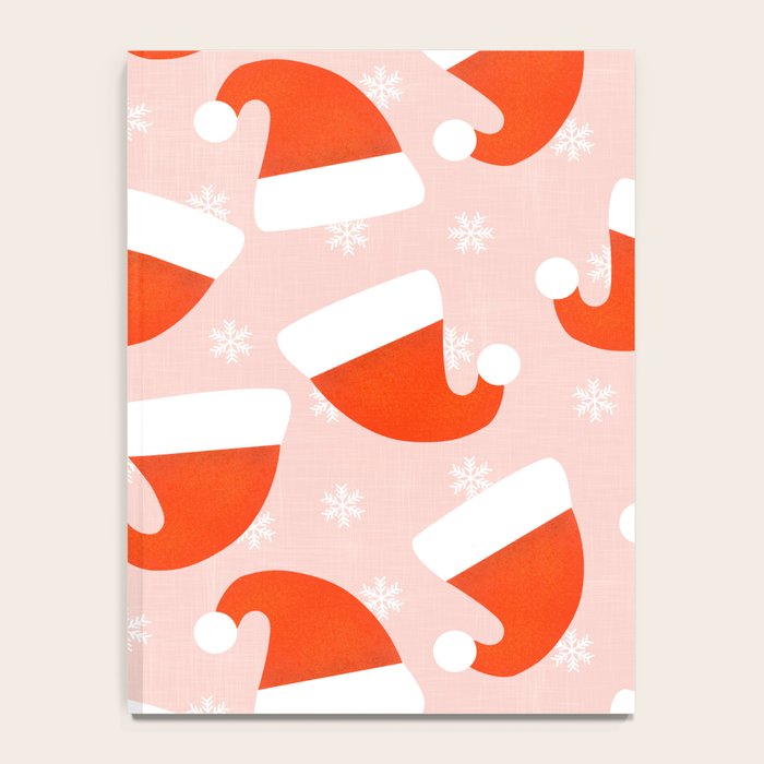 Red Santa Hats & Snowflakes on Linen Pink - Modern Festive Pattern Notebook Gallery Image 4