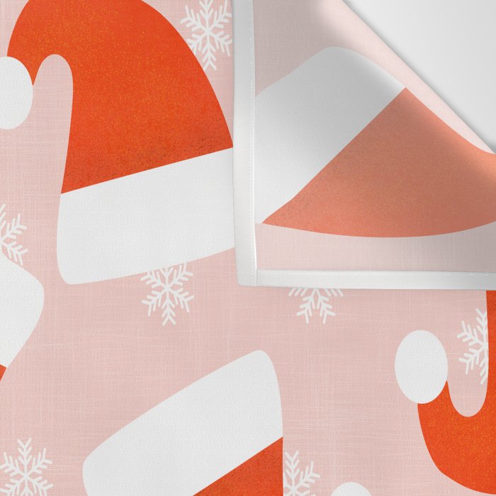 Red Santa Hats & Snowflakes on Linen Pink - Modern Festive Pattern Wall Tapestry Gallery Image 3