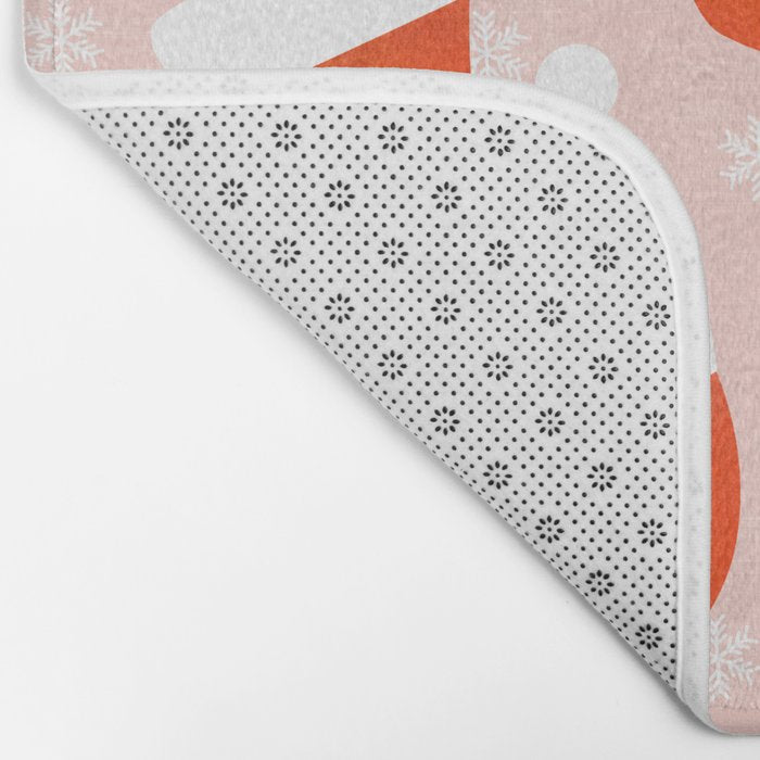 Red Santa Hats & Snowflakes on Linen Pink - Modern Festive Pattern Bath Mat Gallery Image 2