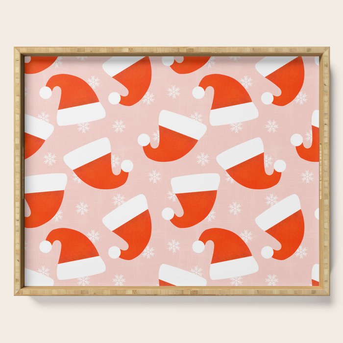 Red Santa Hats & Snowflakes on Linen Pink - Modern Festive Pattern Serving Tray Gallery Image 1