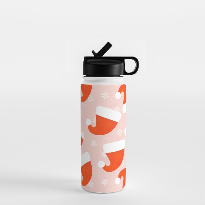 Red Santa Hats & Snowflakes on Linen Pink - Modern Festive Pattern Water Bottle Gallery Image 1
