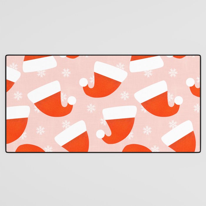 Red Santa Hats & Snowflakes on Linen Pink - Modern Festive Pattern Desk Mat Gallery Image 3