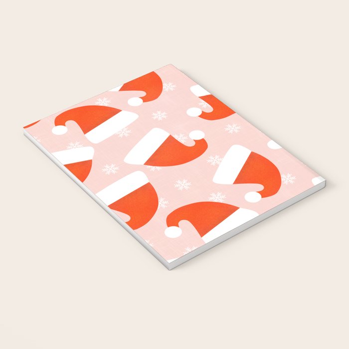 Red Santa Hats & Snowflakes on Linen Pink - Modern Festive Pattern Notebook Gallery Image 3