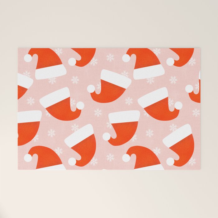 Red Santa Hats & Snowflakes on Linen Pink - Modern Festive Pattern Welcome Mat Gallery Image 1