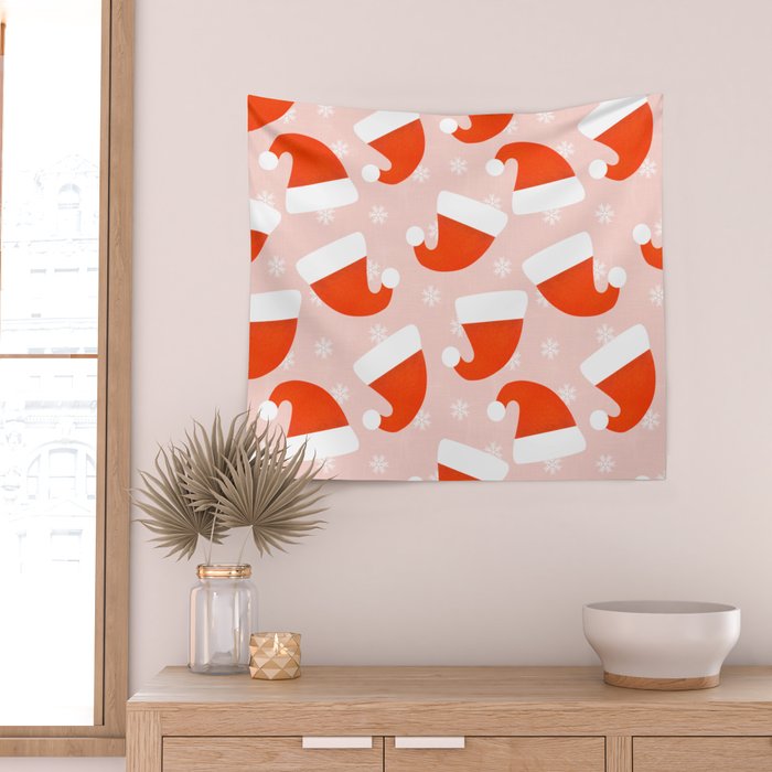 Red Santa Hats & Snowflakes on Linen Pink - Modern Festive Pattern Wall Tapestry Gallery Image 2
