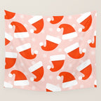 Red Santa Hats & Snowflakes on Linen Pink - Modern Festive Pattern Wall Tapestry Gallery Image 4