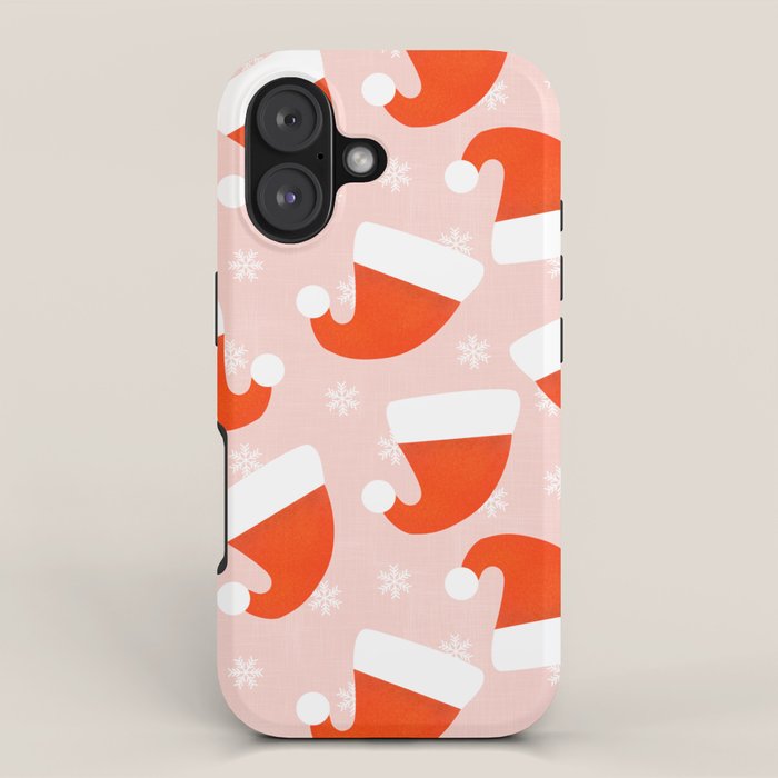 Red Santa Hats & Snowflakes on Linen Pink - Modern Festive Pattern iPhone Case Gallery Image 1