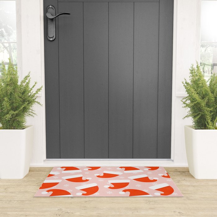 Red Santa Hats & Snowflakes on Linen Pink - Modern Festive Pattern Welcome Mat Gallery Image 3