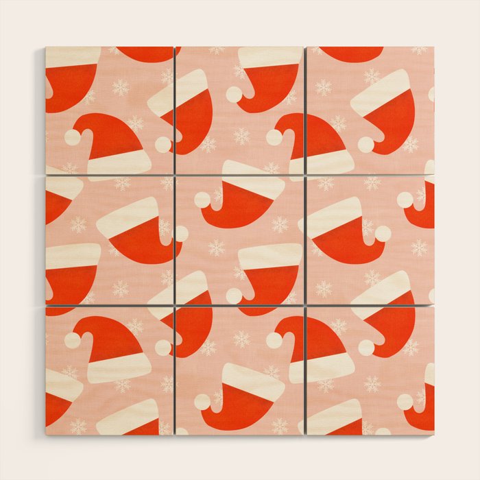 Red Santa Hats & Snowflakes on Linen Pink - Modern Festive Pattern Wood Wall Art Gallery Image 1