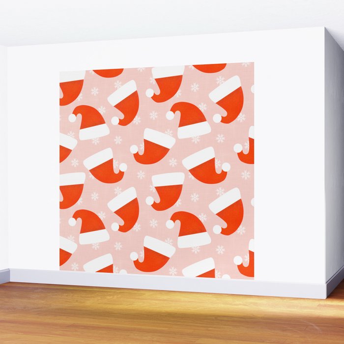 Red Santa Hats & Snowflakes on Linen Pink - Modern Festive Pattern Wall Mural Gallery Image 2