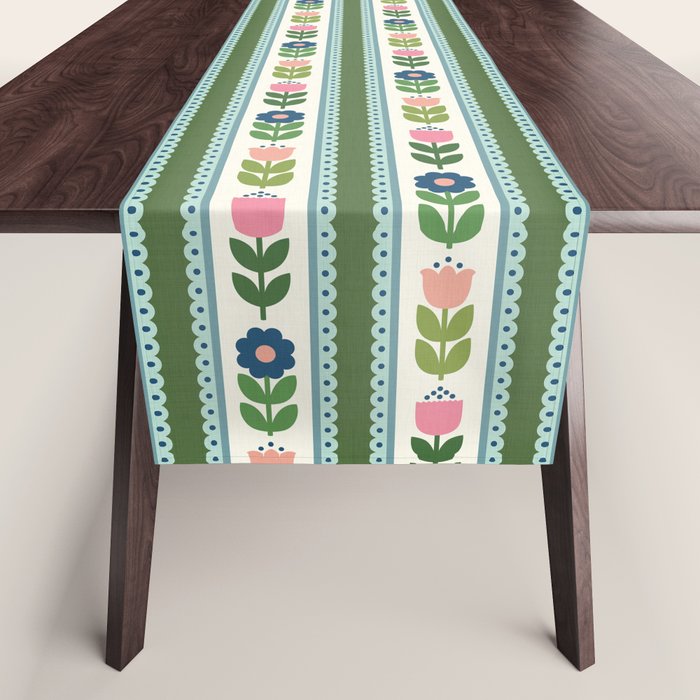 Scandi-Floral Stripes Green Pink Blue Table Runner Gallery Image 1