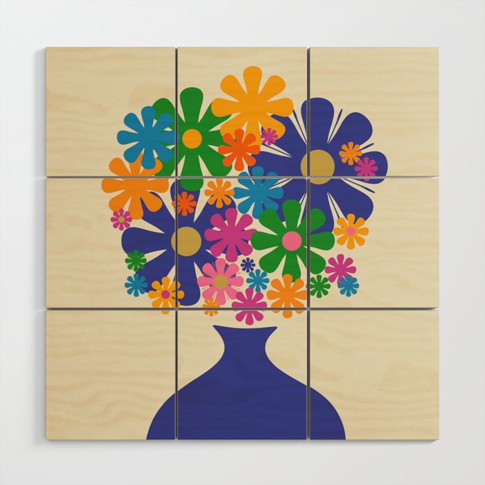 Mid Century Modern Flower Bloom Cheerful Retro Flowers in Vase Wood Wall Art Gallery Image 1