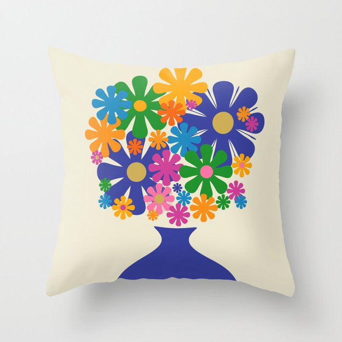 Mid Century Modern Flower Bloom Cheerful Retro Flowers in Vase Throw Pillow Gallery Image 1