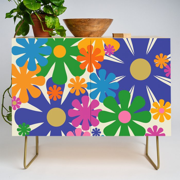 Mid Century Modern Flower Bloom Cheerful Retro Flowers in Vase Credenza Gallery Image 1