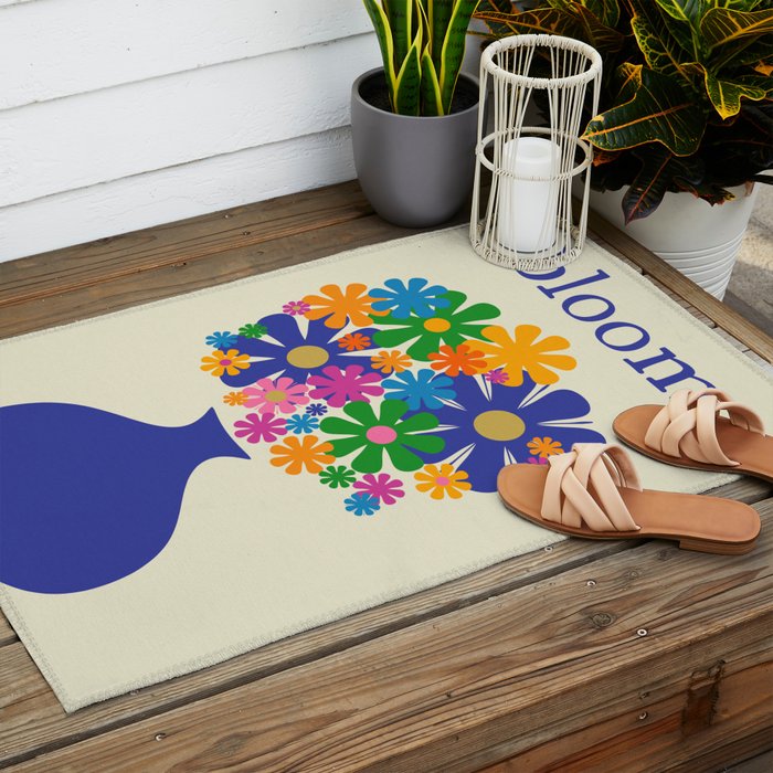 Mid Century Modern Flower Bloom Cheerful Retro Flowers in Vase Outdoor Rug Gallery Image 2