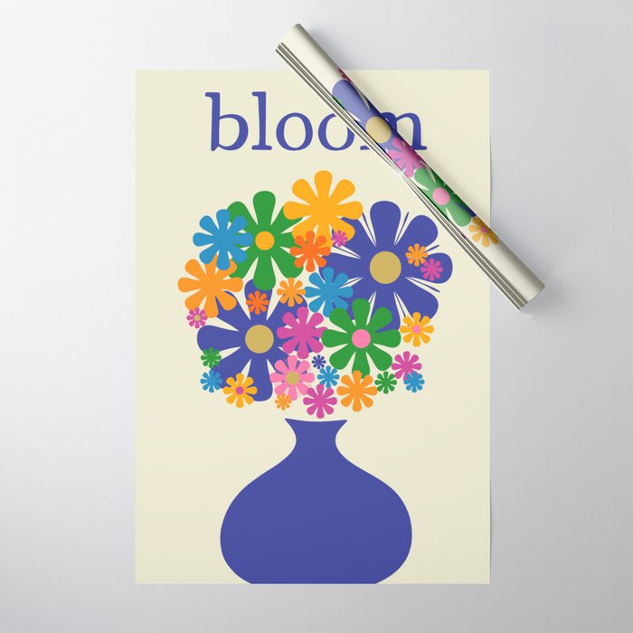 Mid Century Modern Flower Bloom Cheerful Retro Flowers in Vase Wrapping Paper Gallery Image 1