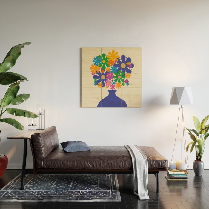 Mid Century Modern Flower Bloom Cheerful Retro Flowers in Vase Wood Wall Art Gallery Image 2