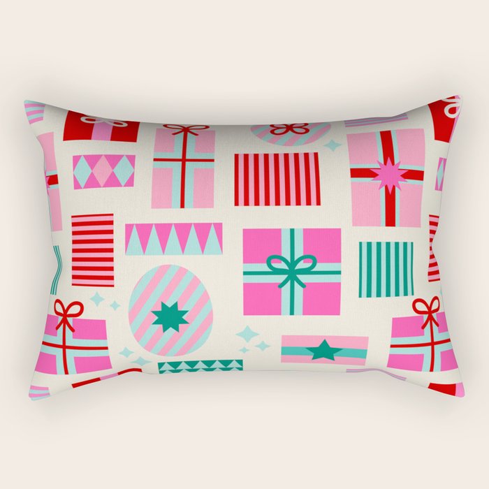 Retro Geometric Christmas Gift pattern on Cream Rectangular Pillow Gallery Image 1