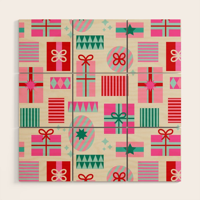 Retro Geometric Christmas Gift pattern on Cream Wood Wall Art Gallery Image 1