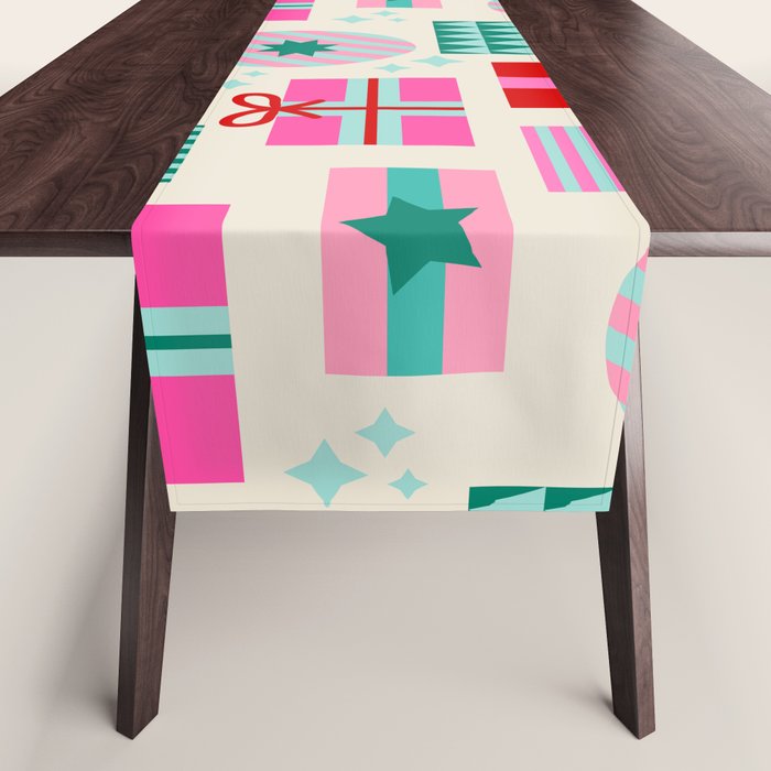 Retro Geometric Christmas Gift pattern on Cream Table Runner Gallery Image 1