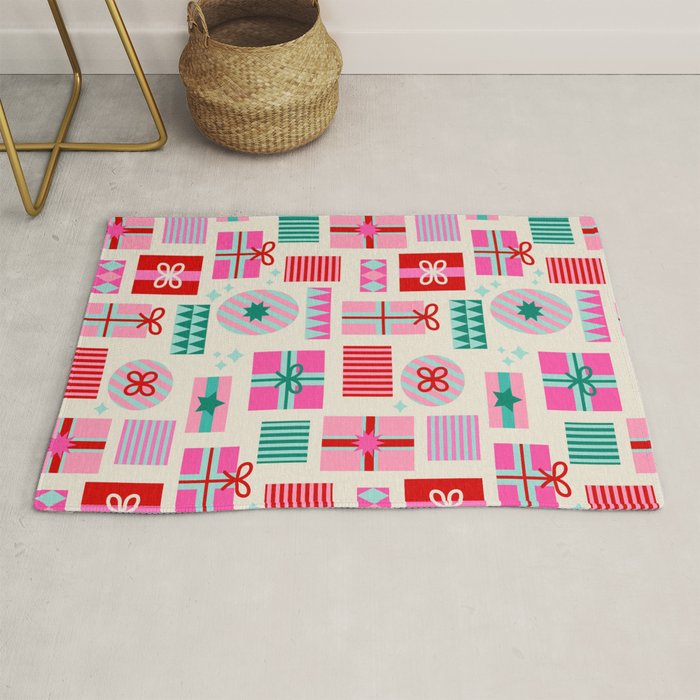Retro Geometric Christmas Gift pattern on Cream Rug Gallery Image 1