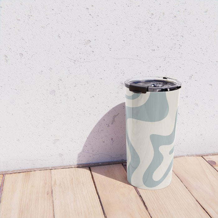 Liquid Swirl Abstract Pattern in Light Blue-Gray and Cream Travel Mug Gallery Image 4