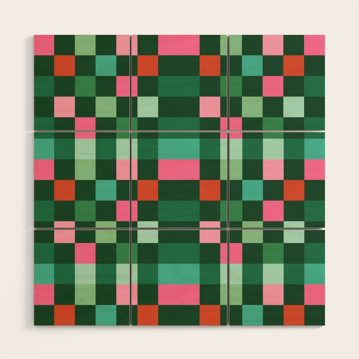 Christmas Checks Pattern - Green Red and Pink Wood Wall Art Gallery Image 1